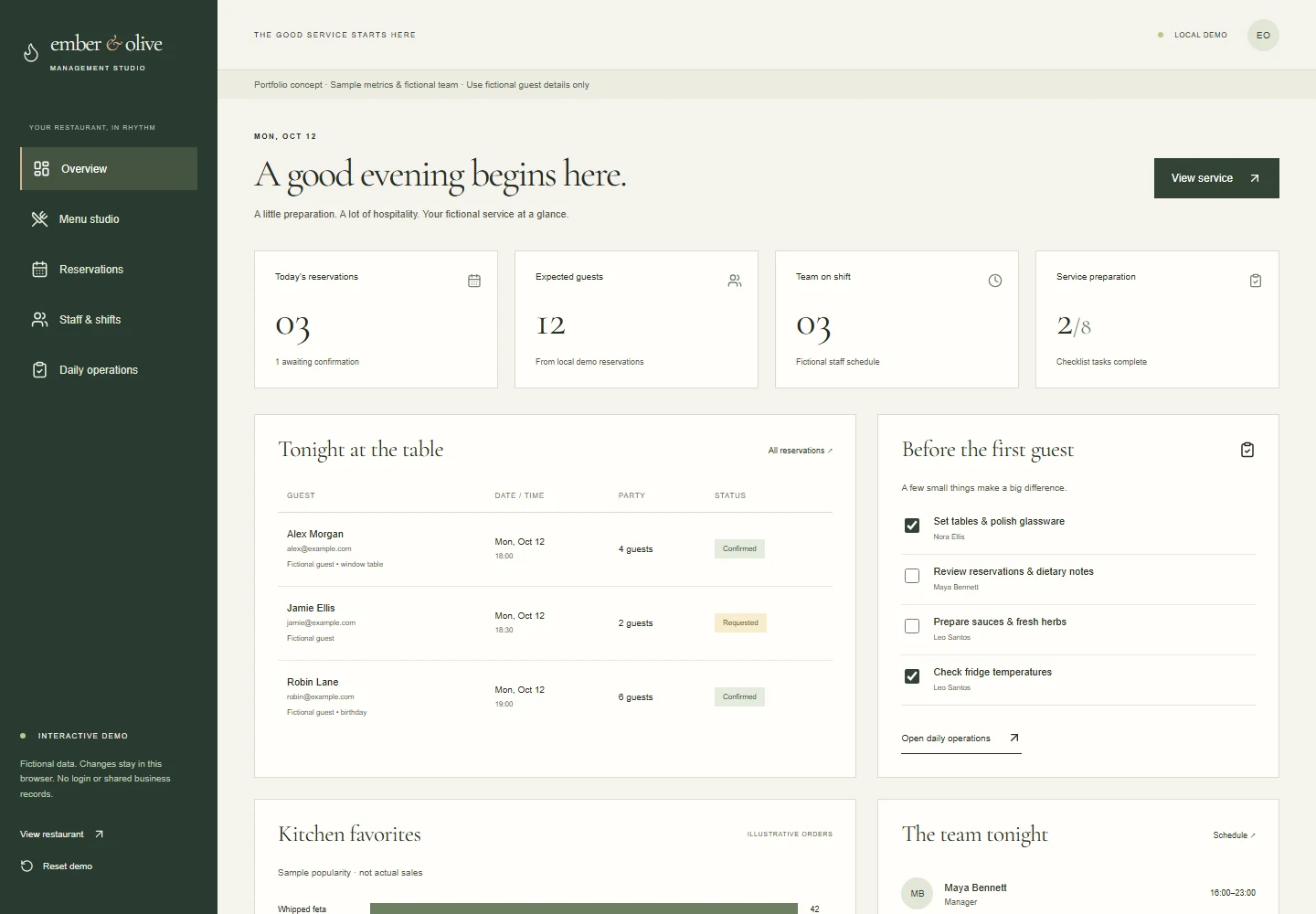 Ember & Olive restaurant management dashboard with demonstration reservations, staff summary and activity.