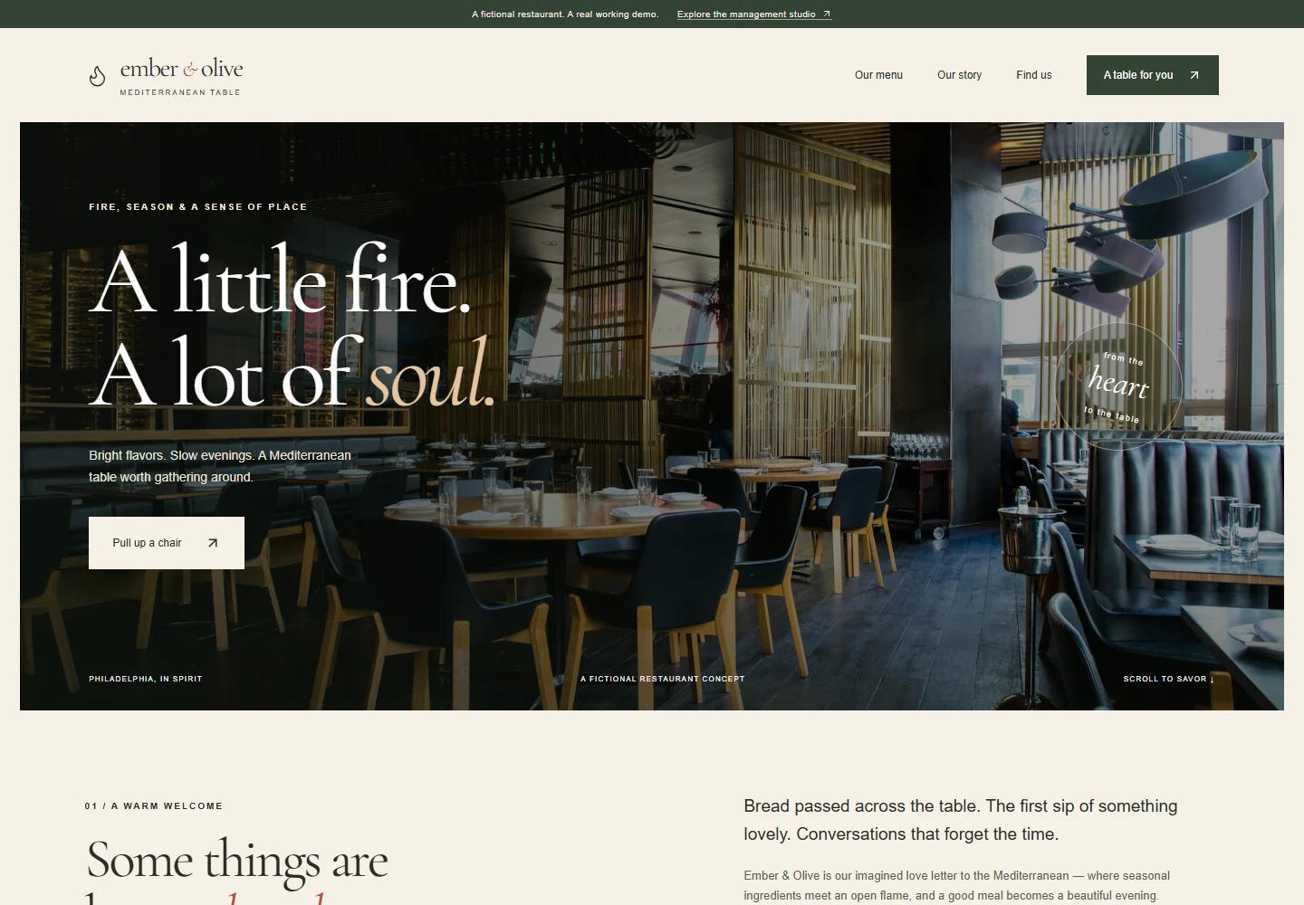 Actual Ember & Olive homepage with editorial typography and a warm Mediterranean dining-room photograph.