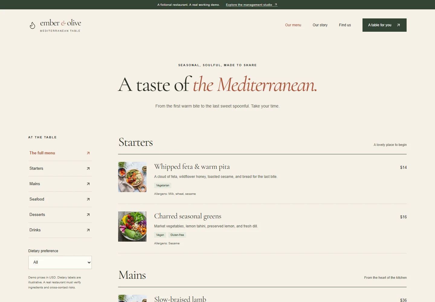 Actual categorized Ember & Olive digital menu with dish descriptions and dietary labels.