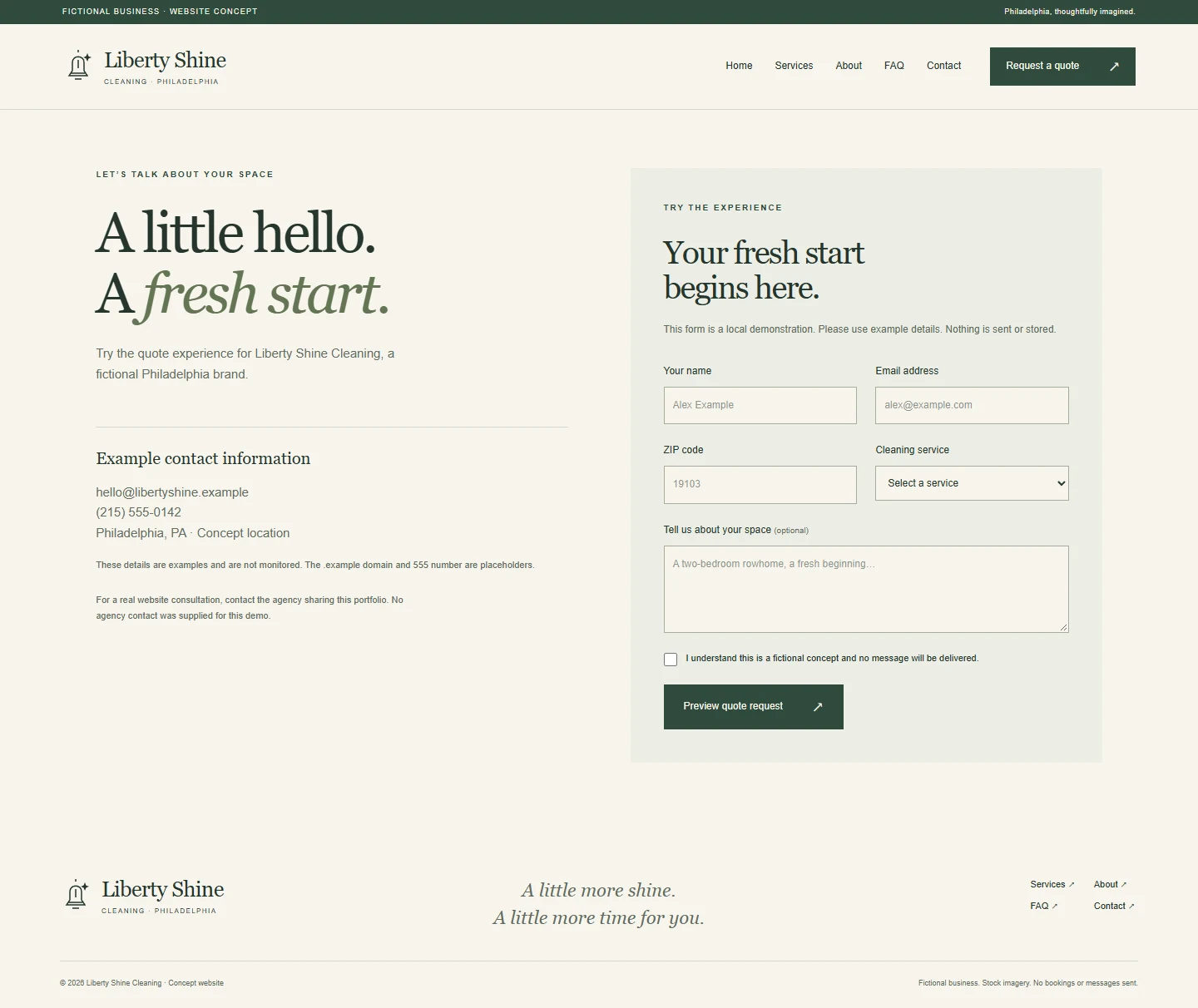 Liberty Shine contact page with accessible quote form fields and demo disclosure.