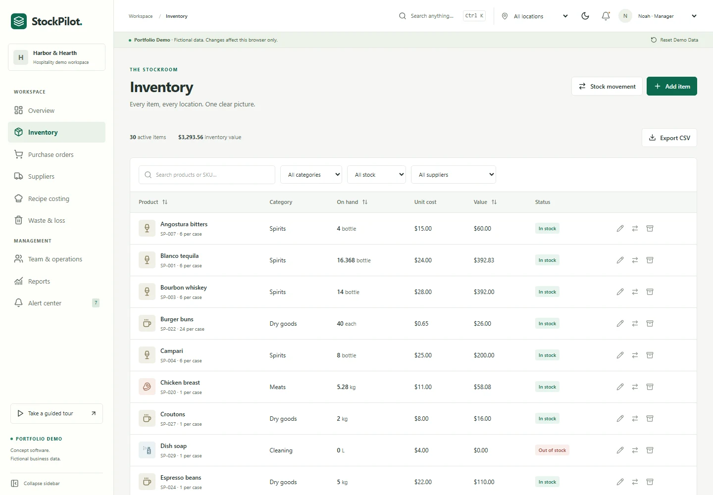 StockPilot inventory table with fictional products, units, stock balances and catalog controls.